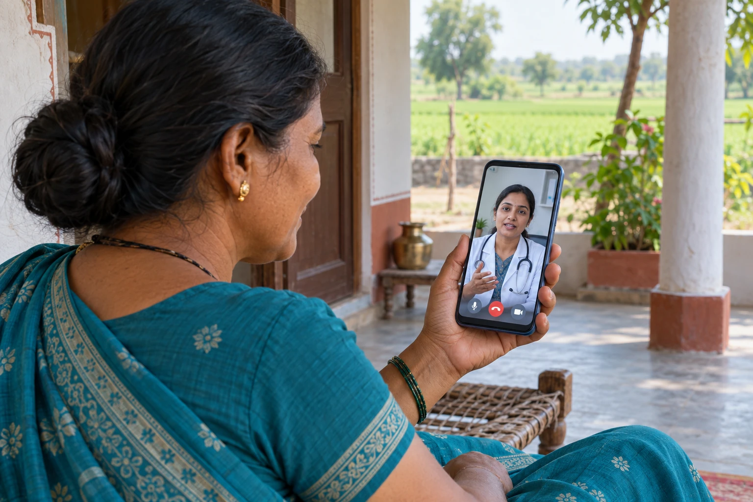 Illustrative scene of a woman in rural India consulting a doctor on her mobile phone
